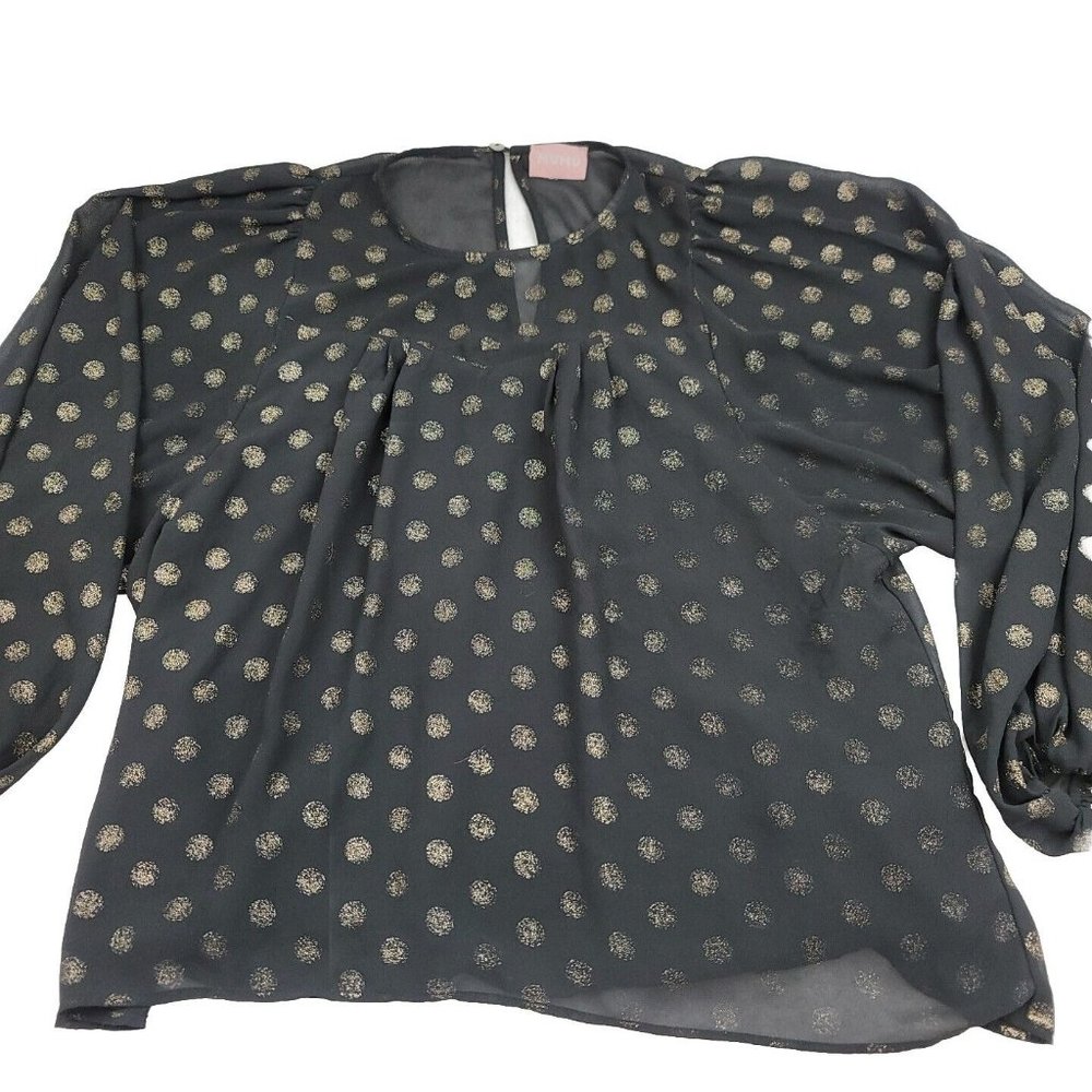 Show Me Your MuMu Womens L Shirt Black‎ Gold Polka Dot Blouse Long Bishop Sleeve